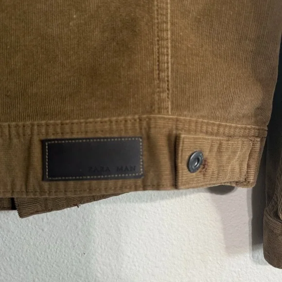 Zara Mens Trucker Corduroy Jacket Brown Button Front Casual Size Small Tan Camel - Picture 8 of 12